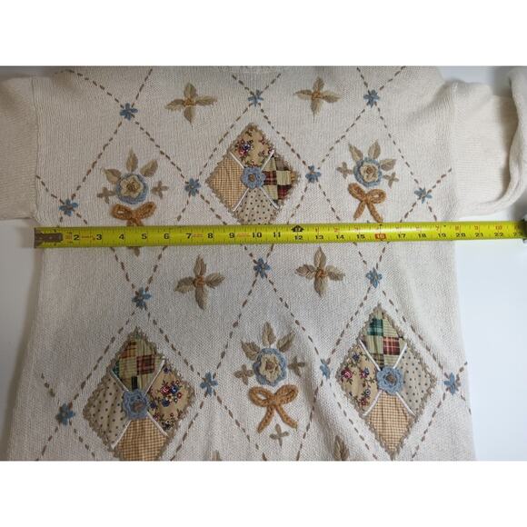 Beldoch Popper Sweater Mock Women's Medium VTG Embroidered Knit Floral Cream - Picture 5 of 16